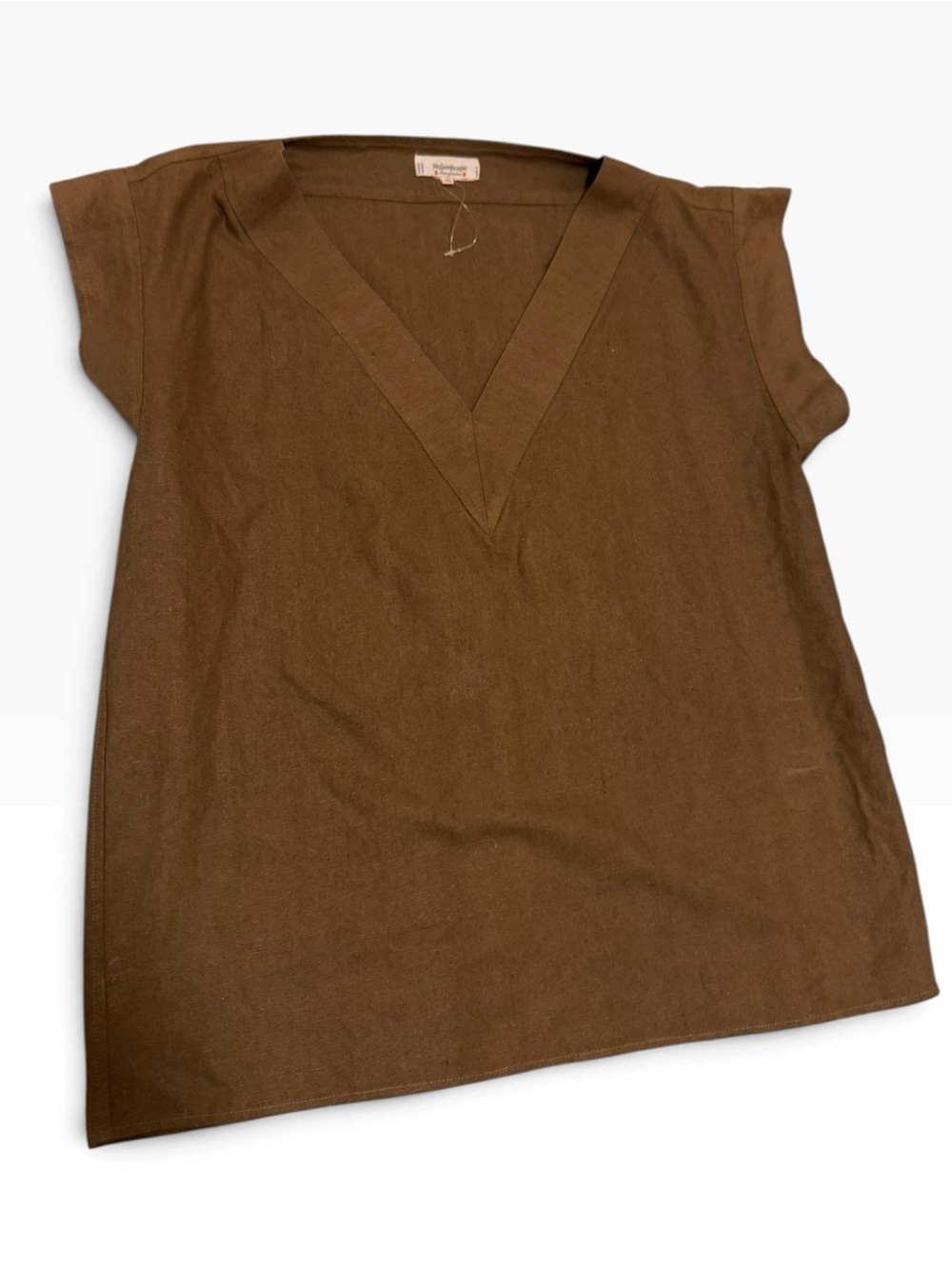 Vintage Yves Saint Laurent Rive Gauche France Brown Linen V-Neck Top FR 40